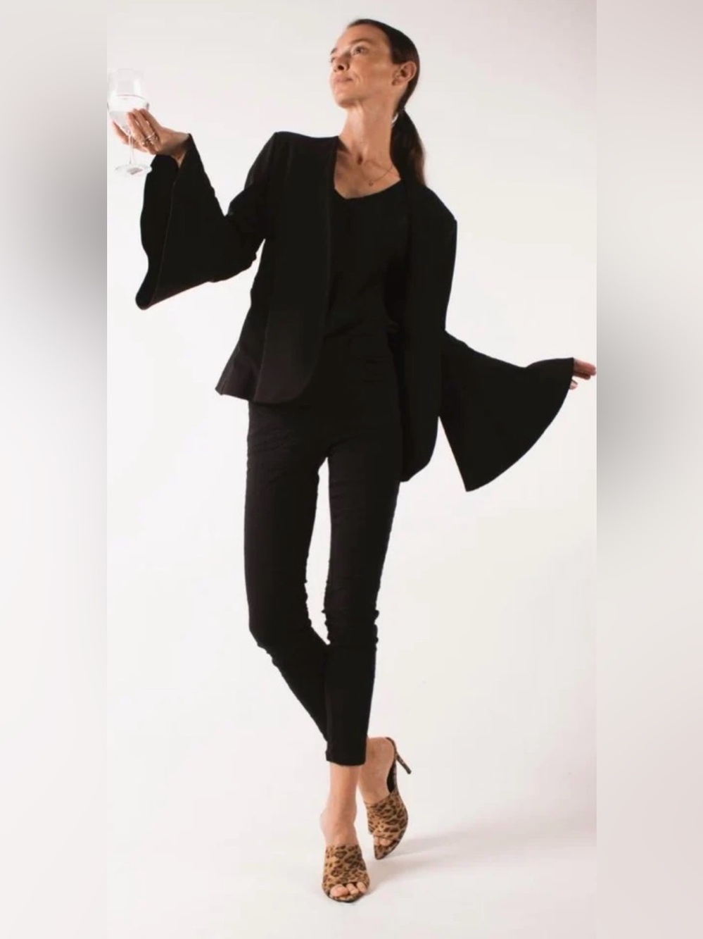 HARLOW & GRAHAM Crepe Bell Sleeve Open Blazer Jacket Black Women's Size M